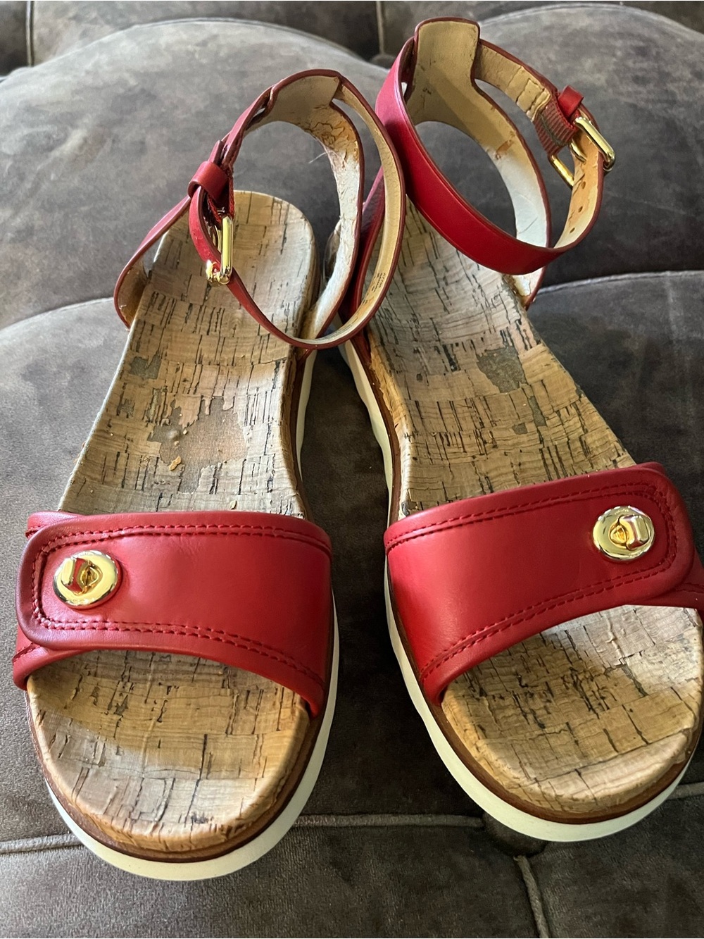 Coach Red Leather Ankle-Strap Sandals with Gold Accents - Picture 7 of 8